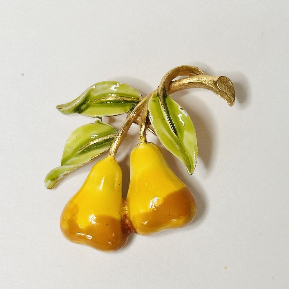 JJ Jonette Signed Enamel Pear Brooch Pin Figural Golden Fruit Cottagecore MCM